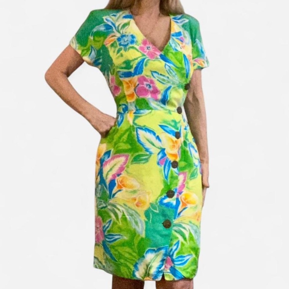 Therese Baumaire France Floral Lime Green & Pink Tropical Paradise Dress L